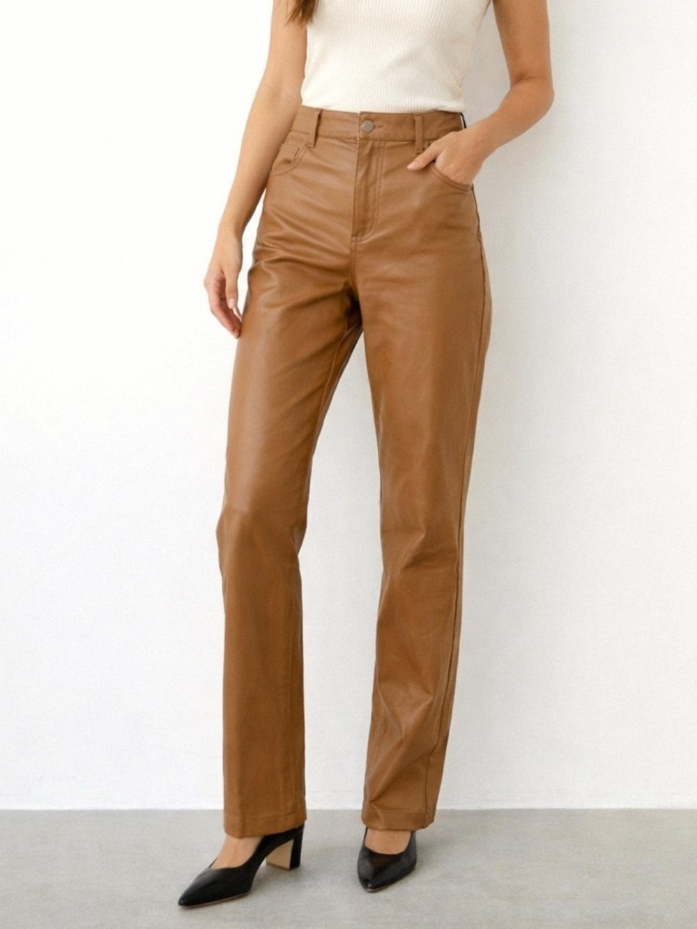 OAK + FORT Tan Faux Leather Pants